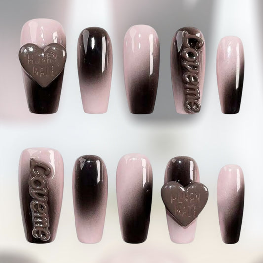 PressonsPorn 10pcs Handmade  Black Pink Y2k - Sweet Cool Gradient - Love Letter - Short Coffin Shaped - Metal Texture - 3D Decoration Nails