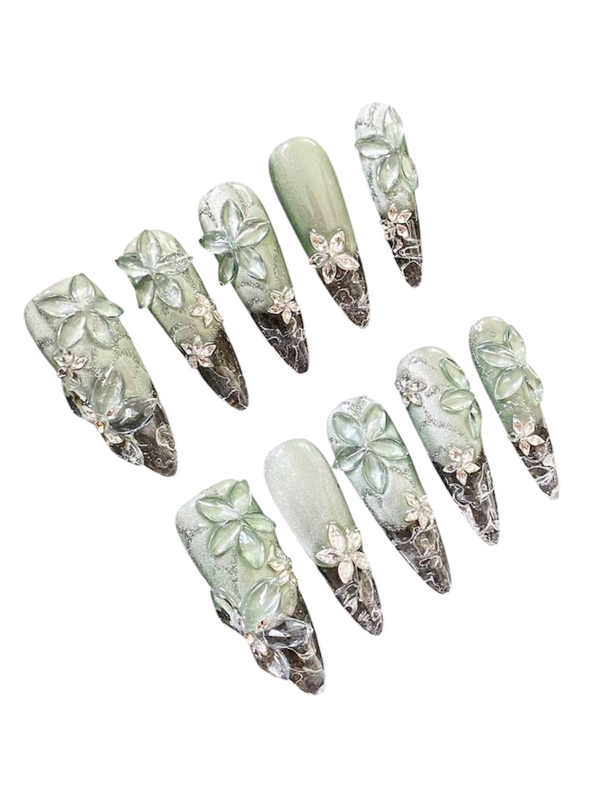 PressonsPorn 10pcs Handmade - Medium Almond Shaped - Temperament - Green - Broken Glass - 3D Ice Flowers Nails