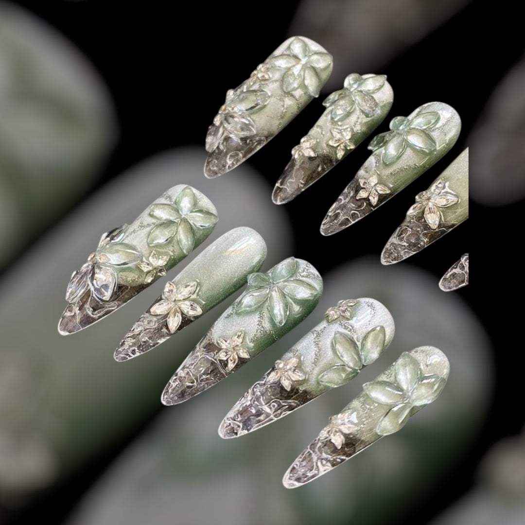 PressonsPorn 10pcs Handmade - Medium Almond Shaped - Temperament - Green - Broken Glass - 3D Ice Flowers Nails